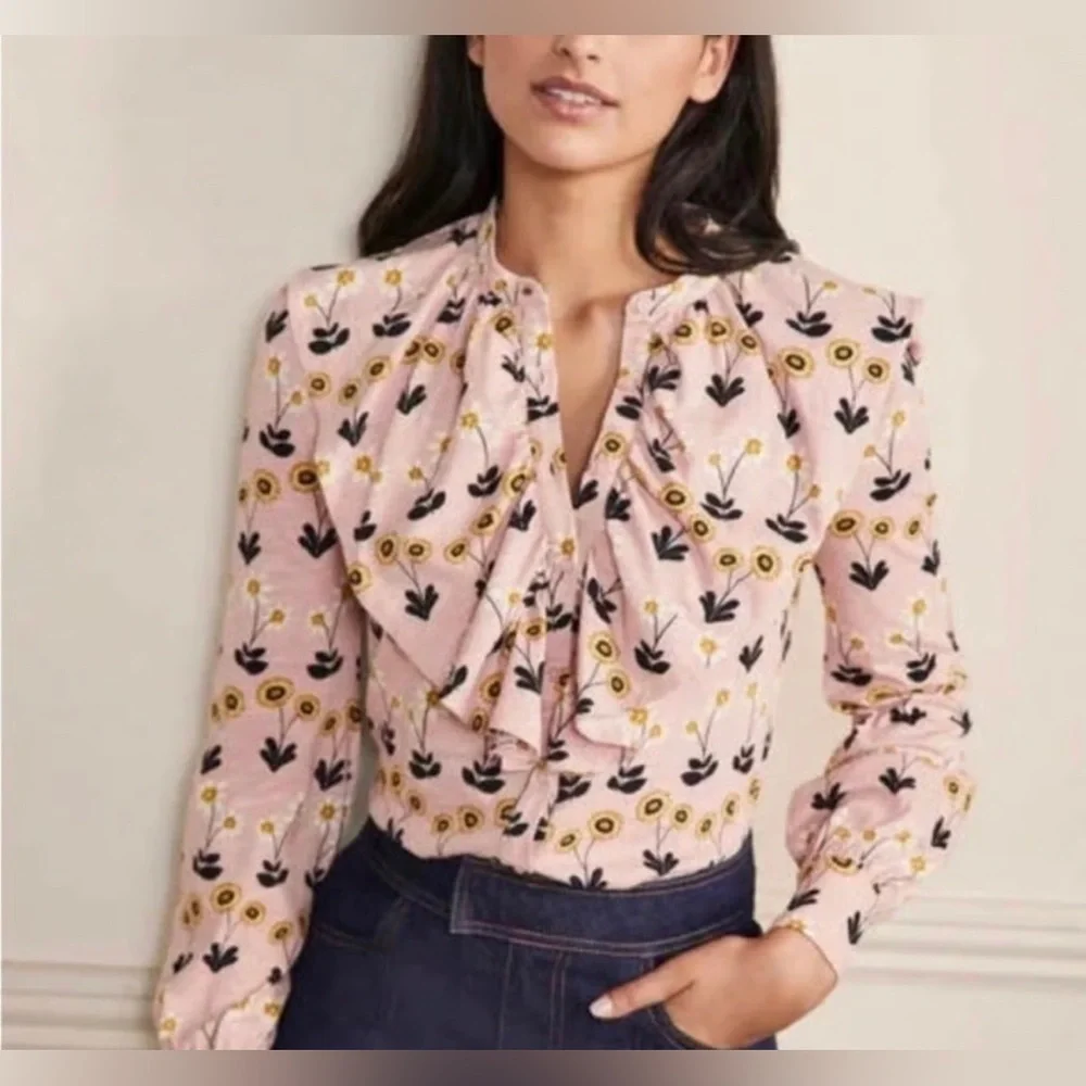 Boden Betsy Floral Sunflower Cotton Ruffled Front Button Top Size 14 - Picture 1 of 7